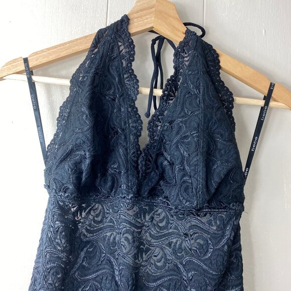 NWT Bebe Black Halter Lace Top Size Large - Picture 2 of 8